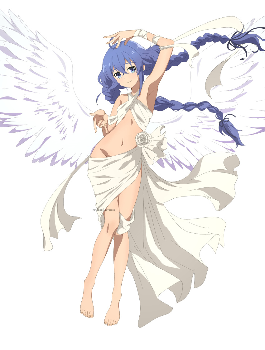 1girl absurdres angel_wings arm_ribbon arm_up armpits bare_shoulders barefoot bikini bikini_skirt blue_eyes blue_hair braid breasts closed_mouth crossed_bangs feathered_wings feet full_body groin hair_between_eyes highres kevcrexx long_hair looking_at_viewer mushoku_tensei navel patreon_username ribbon roxy_migurdia simple_background small_breasts solo swimsuit tunic twin_braids white_background white_wings wings