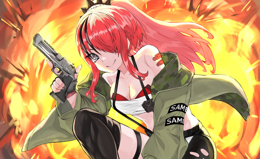 1girl bandeau bare_shoulders black_shorts black_thighhighs commentary_request explosion green_jacket grey_eyes gun hair_over_one_eye handgun highres holding holding_gun holding_weapon jacket lain_paterson lain_paterson_(1st_costume) long_hair long_sleeves looking_at_viewer midriff navel nijisanji ponytail red_hair short_shorts shorts smile solo stomach strapless takusan-kita thigh_strap thighhighs thighs tube_top very_long_hair virtual_youtuber weapon