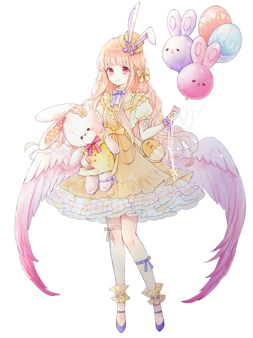 1girl animal_balloon animal_ears bag balloon dairoku_ryouhei dress fake_animal_ears frilled_dress frills full_body handbag highres holding holding_balloon holding_stuffed_toy natsu_nts red_eyes short_sleeves solo standing stuffed_animal stuffed_rabbit stuffed_toy thigh_strap transparent_background wings yellow_dress yellow_headwear yuni_exmachina