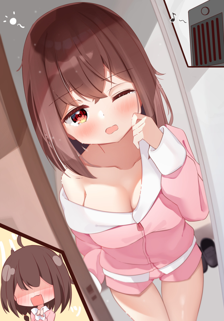 1girl absurdres black_footwear blush breasts brown_eyes brown_hair collarbone doorway full-face_blush highres intercom jacket kamimori_kuuraku medium_hair musical_note one_eye_closed open_mouth original pink_jacket pink_shorts shoes shoes_removed shorts single_bare_shoulder sleep_bubble sleepy solo tears thigh_gap