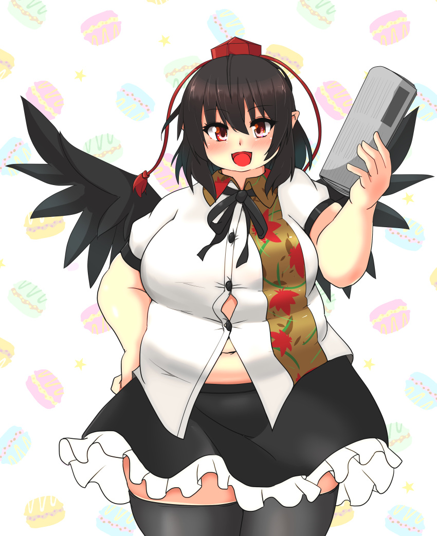 1girl absurdres black_hair black_wings blush breasts buttons commentary_request fat feathered_wings hair_between_eyes hat highres holding holding_newspaper large_breasts looking_at_viewer medium_hair navel nerizou newspaper open_mouth pointy_ears red_eyes red_headwear shameimaru_aya short_sleeves skirt solo thick_arms thick_thighs thighs tokin_hat touhou wing_collar wings