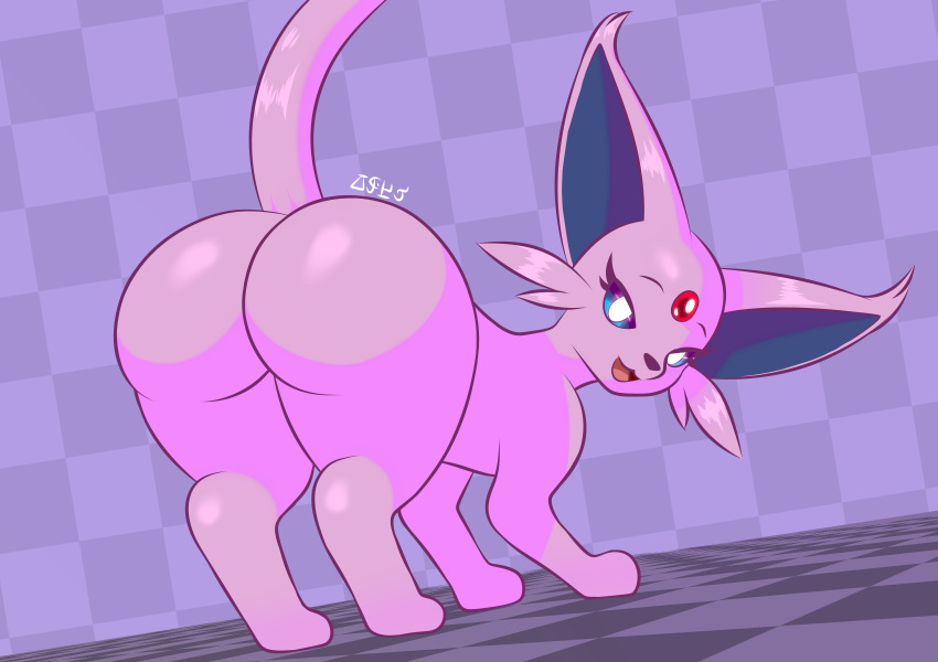 2023 big_butt blue_eyes blue_sclera butt digital_media_(artwork) eeveelution espeon female feral fur generation_2_pokemon hi_res jose-497 looking_at_viewer looking_back naughty_face nintendo open_mouth pink_body pink_fur pokemon pokemon_(species) presenting presenting_hindquarters pupils raised_tail rear_view signature simple_background smile solo standing tail thick_thighs white_pupils wide_hips