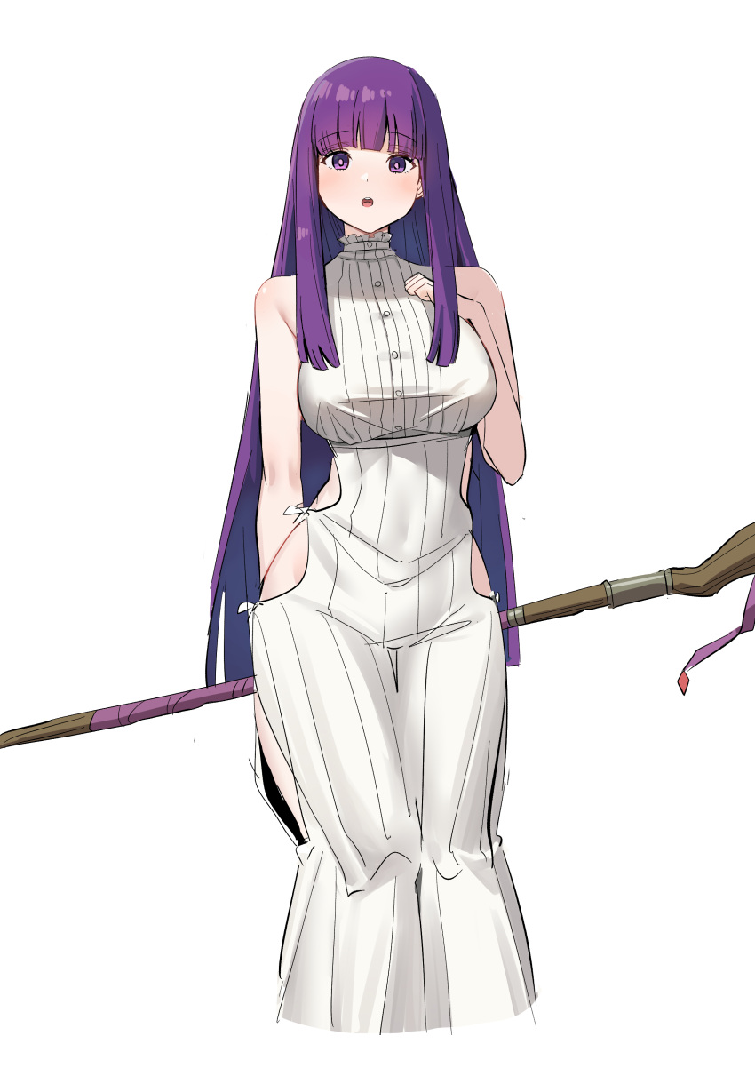 1girl :o absurdres adapted_costume bare_shoulders blunt_bangs breasts buttons center_frills chen_yang_yang cowboy_shot dress fern_(sousou_no_frieren) frills highres hime_cut holding holding_staff huge_breasts knees_together_feet_apart long_hair open_mouth purple_eyes purple_hair side_slit simple_background sleeveless sleeveless_dress solo sousou_no_frieren staff standing straight_hair thigh_gap very_long_hair white_background white_dress