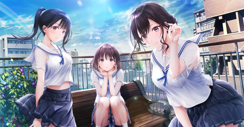 3girls :o apartment arm_up artist_request bench black_hair blue_skirt blue_sky breasts brown_hair building character_request city closed_mouth cloud cloudy_sky curly_hair day fingernails flower glint hair_bun hair_ornament hair_scrunchie hands_on_own_chin head_rest high_ponytail highres leaning_forward lens_flare light_rays long_hair looking_at_viewer looking_to_the_side medium_breasts morning_glory multiple_girls on_bench outdoors pleated_skirt ponytail purple_eyes railing rainbow school_uniform scrunchie see-through see-through_sleeves seifuku_kanojo serafuku short_hair short_sleeves sideways_glance skirt sky smile socks squatting sunbeam sunlight thighs white_socks wind wind_lift yellow_eyes