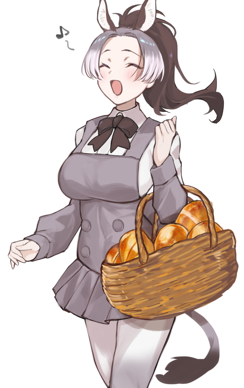 1girl a888_n22 apron basket black_bow black_bowtie blush bow bowtie bread closed_eyes collared_shirt cowboy_shot donkey_(kemono_friends) donkey_ears donkey_girl donkey_tail food forehead grey_apron grey_hair grey_pantyhose grey_skirt grey_sleeves highres kemono_friends long_sleeves multicolored_hair multicolored_pantyhose musical_note open_mouth pantyhose pleated_skirt ponytail shirt short_hair skirt solo white_hair white_pantyhose white_shirt