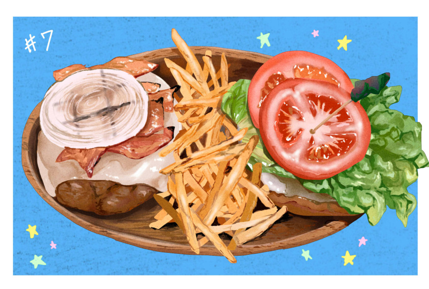 bacon blue_background cheese food food_focus french_fries highres lettuce meat no_humans numbered original plate simple_background star_(symbol) still_life takisou_sou
