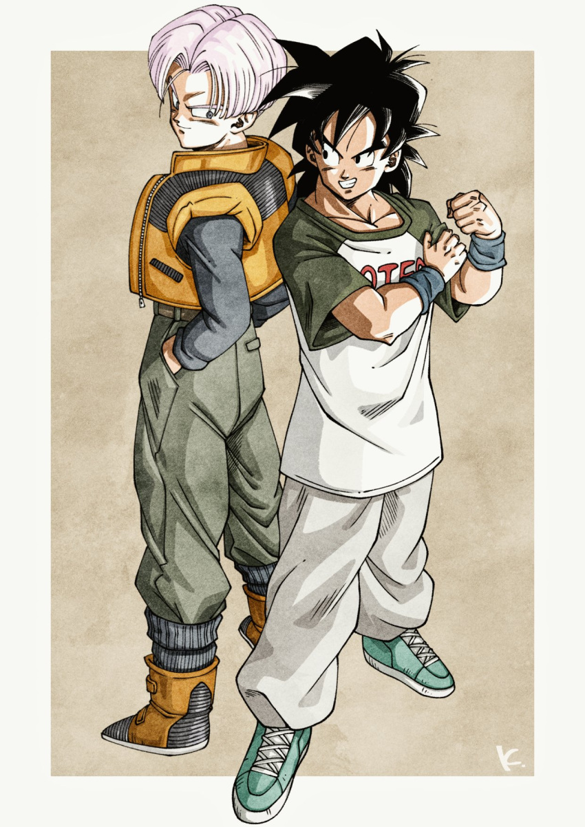 2boys back-to-back baggy_pants black_eyes black_hair blue_eyes boots commentary_request dragon_ball dragon_ball_z furrowed_brow grin hands_in_pockets highres kakeru_(dbskakeru) male_focus multiple_boys pants pink_hair shirt shoes smile sneakers son_gohan son_goten t-shirt vest wristband yellow_vest