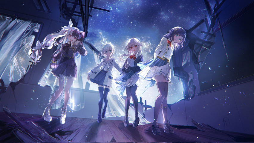 4girls aiba_uiha aqua_eyes arms_behind_back ars_almal bangs black_bow black_bowtie black_footwear black_hair black_thighhighs blue_cardigan blue_hair blue_skirt bow bowtie braid breasts broken_wall cardigan chain chalkboard classroom coat collared_shirt cropped_jacket cross-laced_footwear crossed_bangs dilapidated dress flat_chest frilled_dress frilled_skirt frilled_sleeves frills full_body gold_chain gold_trim hair_bow hair_ornament hairclip hakase_fuyuki highres indoors interlocked_fingers karanagare light_particles loafers long_hair looking_at_viewer low_twintails medium_breasts medium_hair miniskirt multicolored_hair multiple_girls nijisanji open_collar open_mouth parted_bangs pink_hair platform_footwear platform_heels pleated_skirt purple_skirt red_bow red_bowtie red_eyes ruins shirt shoes short_hair_with_long_locks sidelocks skirt sky smile standing star_(sky) starry_sky swept_bangs thighhighs twintails two-tone_hair very_long_hair virtual_youtuber white_background white_bow white_coat white_footwear white_hair white_shirt white_skirt wind window wooden_floor x_hair_ornament yorumi_rena