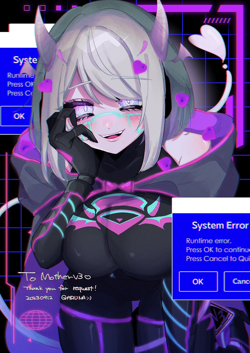 1girl black_bodysuit bob_cut bodysuit breasts cape commission detached_horns evil_smile gradient_hair gradient_horns hair_intakes hand_on_own_face headphones highres holographic_horns horns huge_breasts indie_virtual_youtuber l0_vhs large_breasts looking_at_viewer medium_hair motherv3 multicolored_eyes multicolored_hair multicolored_horns neon_trim pink_horns purple_cape purple_eyes purple_horns skeb_commission smile solo tail tail_through_clothes thick_eyelashes two-tone_eyes virtual_youtuber