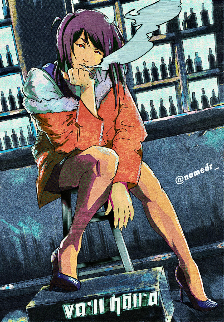 1girl absurdres bar_(place) bartender black_vest cigarette collared_shirt highres jill_stingray long_hair long_sleeves looking_at_viewer namedr necktie pencil_skirt purple_hair red_eyes red_necktie shirt skirt smoking solo twintails va-11_hall-a vest white_shirt