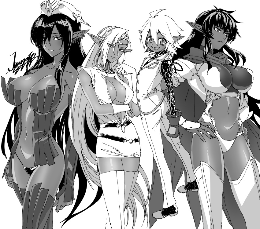 arshes_nei aura_bella_fiora bastard!! black_hair breasts crossover dark-skinned_female dark_elf dark_skin elf greyscale highres iwamotobusta kuroinu_~kedakaki_seijo_wa_hakudaku_ni_somaru~ monochrome multiple_crossover olga_discordia overlord_(maruyama) pirotess pointy_ears record_of_lodoss_war revealing_clothes screentones white_hair