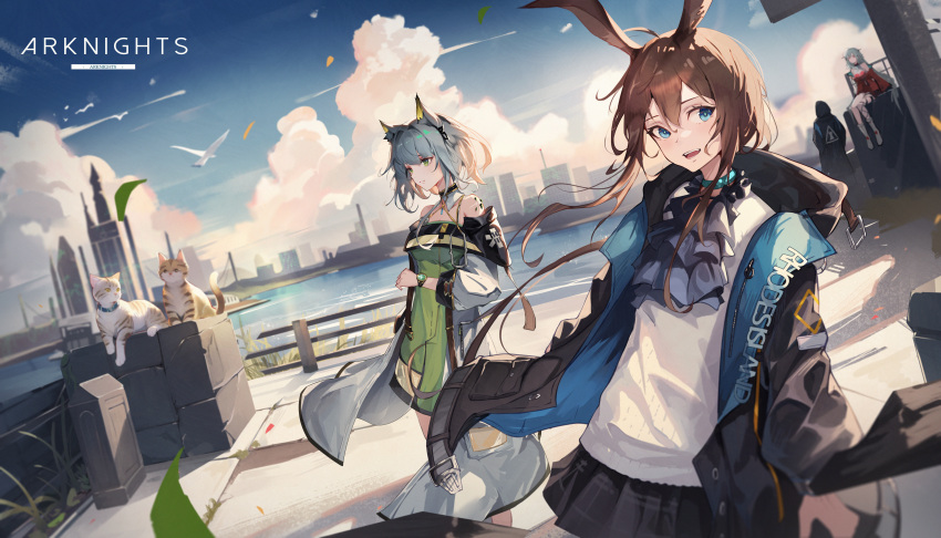 1other 3girls absurdres amiya_(arknights) animal_ears arknights ascot bare_shoulders bird black_jacket black_skirt blue_choker blue_eyes blue_sky brown_hair cat chinese_commentary choker cloud cloudy_sky commentary_request copyright_name day doctor_(arknights) dress green_dress green_eyes grey_hair hair_between_eyes hand_up highres jacket kal'tsit_(arknights) long_hair long_sleeves looking_afar looking_at_viewer multiple_girls open_clothes open_jacket open_mouth outdoors pleated_skirt rabbit_ears red_dress shirt short_hair skadi_(arknights) skadi_the_corrupting_heart_(arknights) skirt sky smile standing szh--- teeth upper_body watch white_shirt wristwatch