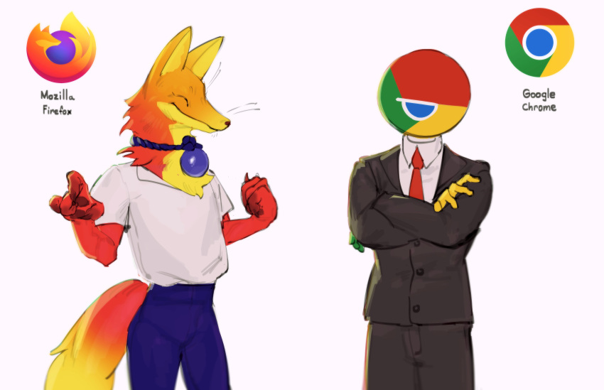 absurd_res anthro clothed clothing countershade_face countershade_fur countershade_neck countershading crossed_arms duo for_a_head fur google google_chrome hi_res humanoid jacket kogito male markings mozilla mozilla_firefox_(character) necktie object_head orange_body orange_fur suit topwear yellow_markings