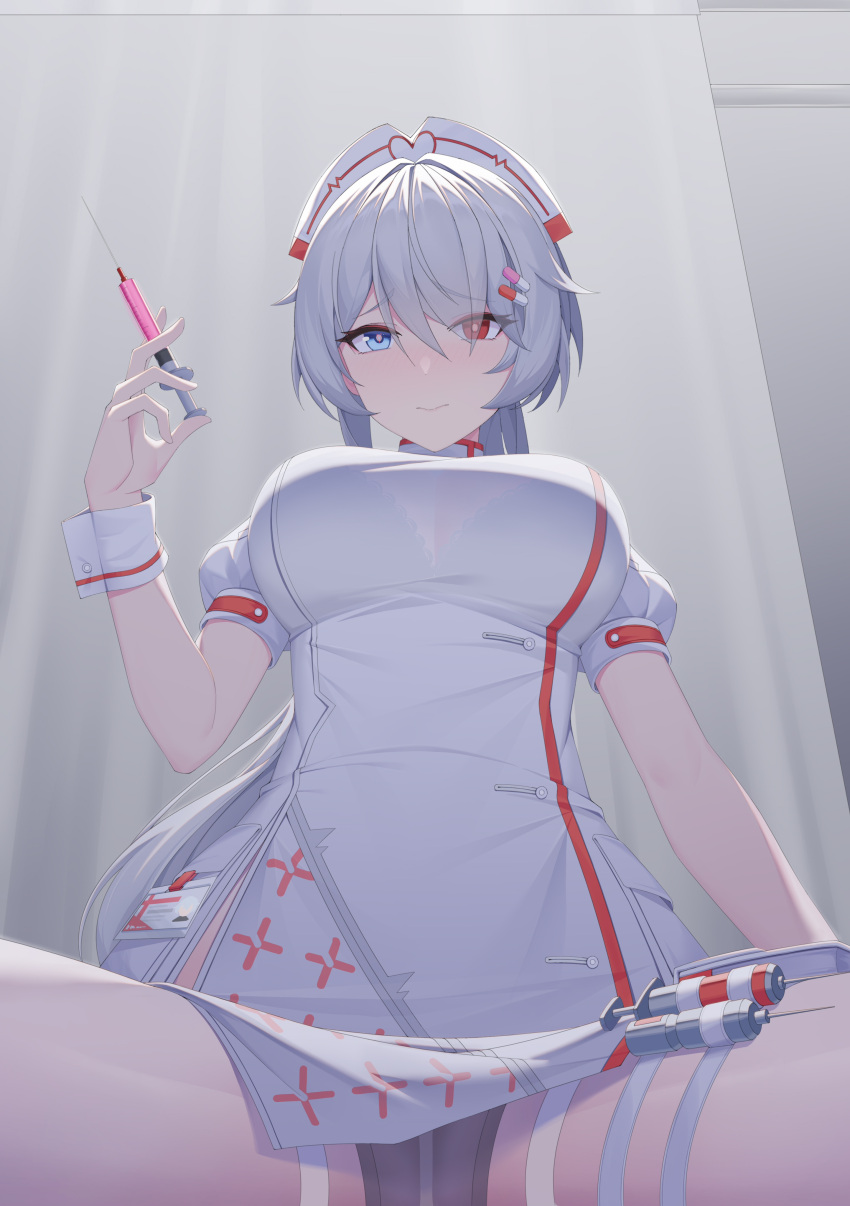 1girl absurdres aether_gazer babing2023 black_bra blue_eyes blush bra bra_visible_through_clothes breasts cleavage curtains dress hat headband heterochromia highres holding holding_syringe kotachi_(aether_gazer) large_breasts looking_at_viewer nurse nurse_cap panties pill_hair_ornament red_eyes see-through solo spread_legs syringe thigh_strap underwear white_dress white_hair white_headband