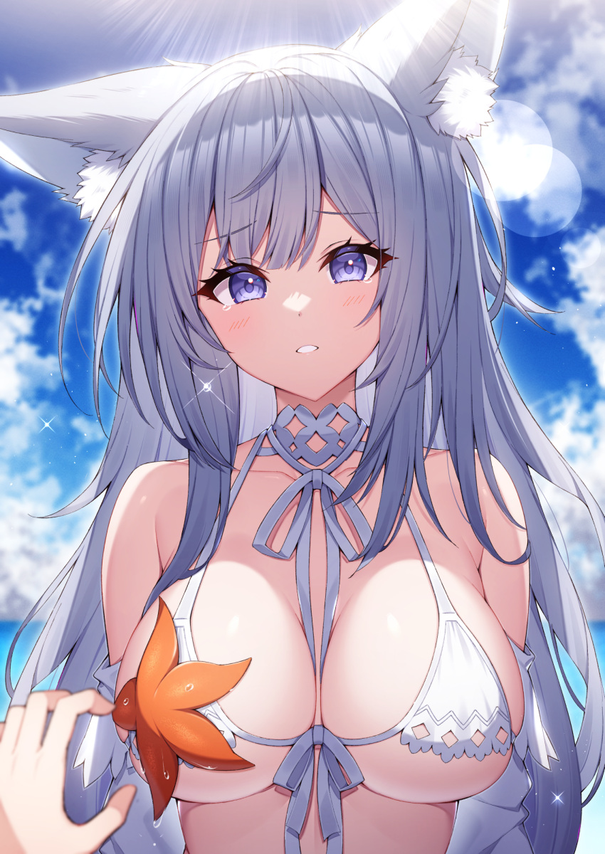 1girl 1other animal_ear_fluff animal_ears azur_lane bare_shoulders bikini blue_sky blurry blurry_background blush breasts cleavage cloud cloudy_sky collarbone commentary_request day depth_of_field front-tie_bikini_top front-tie_top grey_hair hair_between_eyes hand_up highres horizon large_breasts looking_at_viewer ocean outdoors purple_eyes shinano_(azur_lane) shinano_(dreamy_white_sands)_(azur_lane) sky solo_focus starfish swimsuit t@ke-g tears upper_body water white_bikini