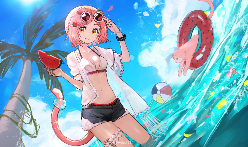 1girl aito animal animal_ears arknights arm_up ball beachball bikini black_shorts blue_sky breasts brown-tinted_eyewear brown_eyes cat cat_ears cat_girl cat_tail cleavage closed_mouth cloud commentary_request day eyewear_on_head flower flower_on_liquid food frilled_bikini frills fruit goldenglow_(arknights) hair_ornament hairclip highres holding holding_food jacket navel open_clothes open_jacket outdoors palm_tree parted_bangs petals petals_on_liquid pink_hair puffy_short_sleeves puffy_sleeves red_flower short_shorts short_sleeves shorts sky small_breasts smile solo swimsuit tail tinted_eyewear tree water watermelon watermelon_slice white_bikini white_flower white_jacket yellow_flower