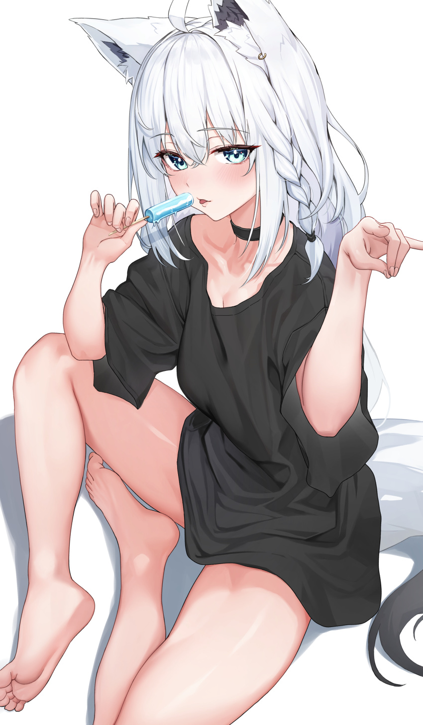 1girl absurdres ahoge animal_ears bare_legs barefoot black_choker black_shirt blue_eyes blush braid breasts choker collarbone earrings feet food fox_ears fox_girl fox_shadow_puppet hair_between_eyes highres holding holding_food holding_popsicle hololive indian_style jewelry long_hair looking_at_viewer medium_breasts popsicle raag_jp shirakami_fubuki shirt side_braid single_braid sitting soles solo thighs toes tongue tongue_out virtual_youtuber white_background white_hair