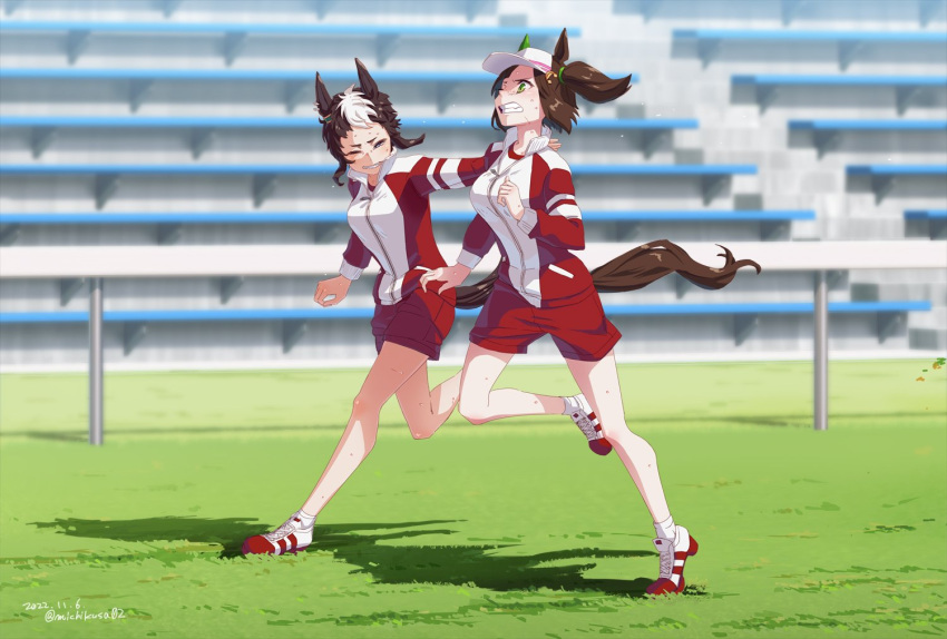 2girls animal_ears bleachers blurry blurry_background breasts brown_hair clenched_teeth dated green_eyes grin hand_on_another's_back high_heels horse_ears horse_girl horse_tail ines_fujin_(umamusume) jacket long_sleeves mejiro_ryan_(umamusume) multicolored_hair multiple_girls open_clothes open_jacket outdoors red_jacket red_shorts running shadow shirt shoes short_hair shorts side_ponytail small_breasts smile sneakers tail takuzui teeth tracen_training_uniform twitter_username two-tone_hair umamusume visor_cap white_shirt