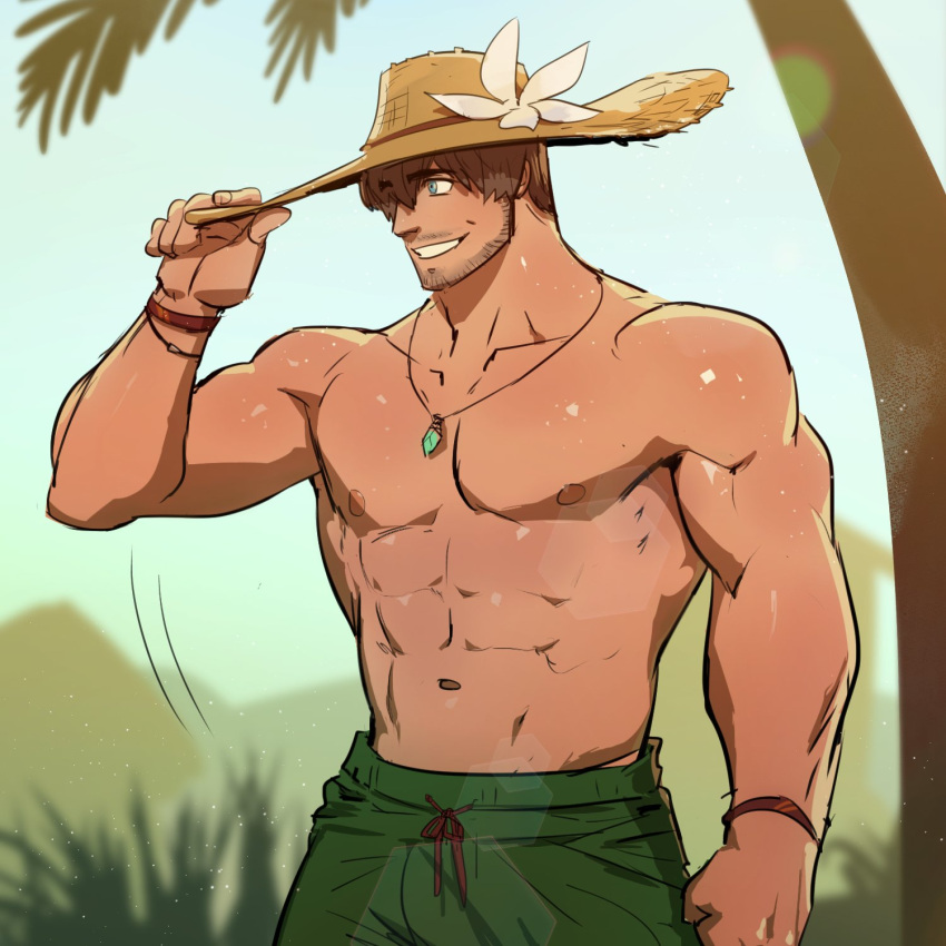 1boy abs adventurer_(ff14) bara blue_eyes bracelet brown_hair day facial_hair final_fantasy final_fantasy_xiv flower green_male_swimwear hat highres jewelry large_pectorals male_focus male_swimwear muscular muscular_male navel necklace nipples outdoors pectorals short_hair smile solo teeth topless_male warrior_of_light_(ff14) white_flower wkokbu