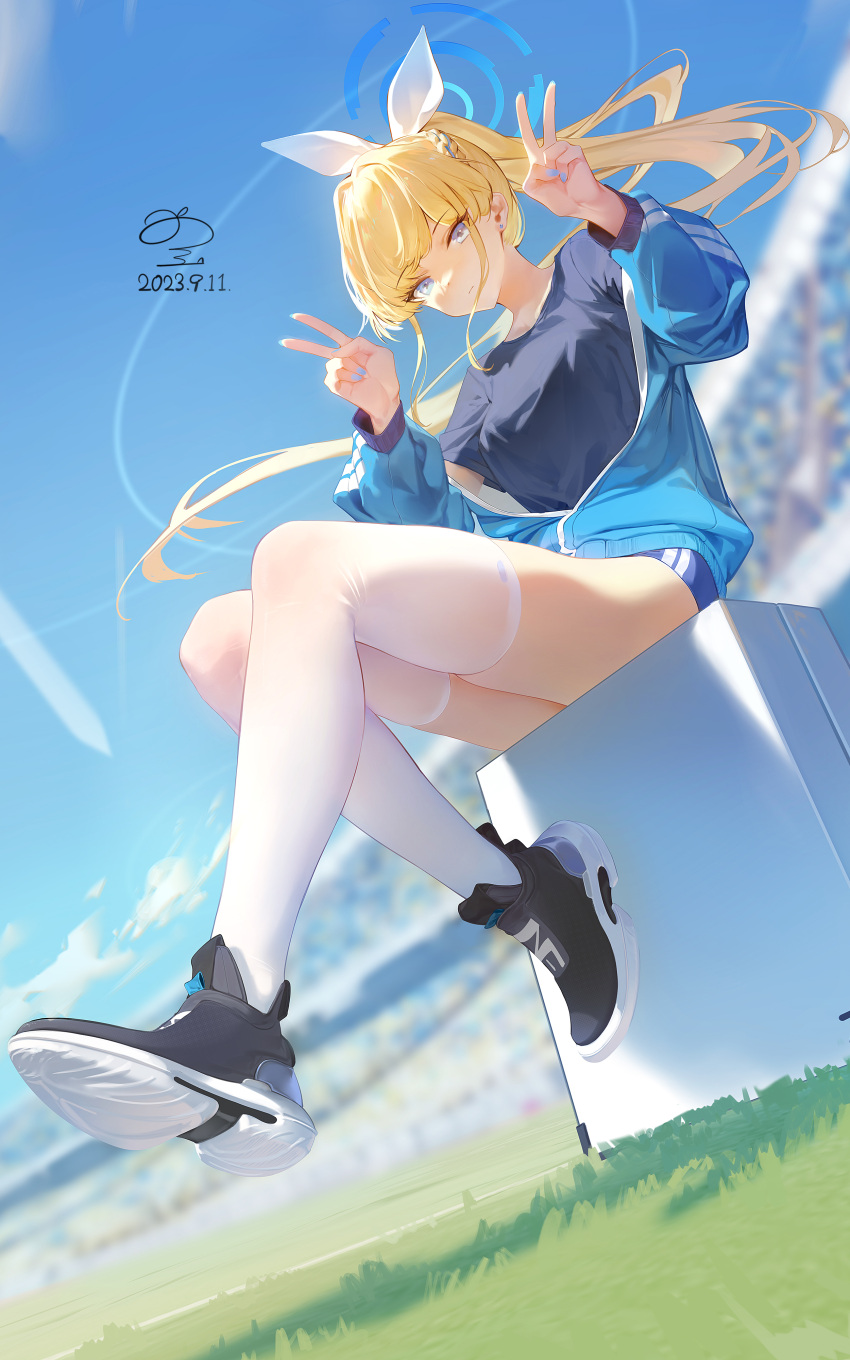1girl absurdres blonde_hair blue_archive blue_eyes blue_jacket blue_nails blue_shirt blurry blurry_background braid closed_mouth dated day double_v earrings floating_hair hair_ribbon halo highres jacket jewelry long_hair long_sleeves open_clothes open_jacket outdoors ponytail ribao ribbon shirt shoes signature solo thighhighs toki_(blue_archive) v very_long_hair white_thighhighs