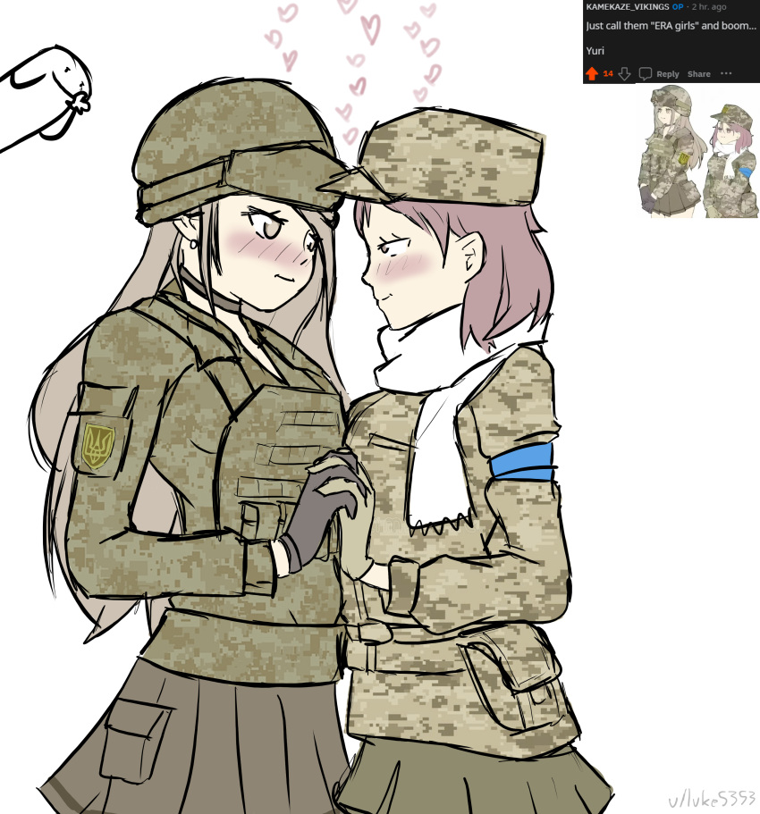 2girls absurdres armband artist_name belt belt_pouch blush body_armor cargo_skirt choker commentary digital_camouflage earrings english_commentary era_bricks_(meme) florkofcows_(style) goggles goggles_on_headwear green_shirt heart helmet highres holding_hands jewelry long_hair looking_at_another luke5353 medium_hair meme military military_uniform multiple_girls original plate_carrier pleated_skirt pouch reddit reference_inset russo-ukrainian_war scarf screencap_inset shirt simple_background skirt tactical_clothes tryzub ukraine uniform white_background yuri