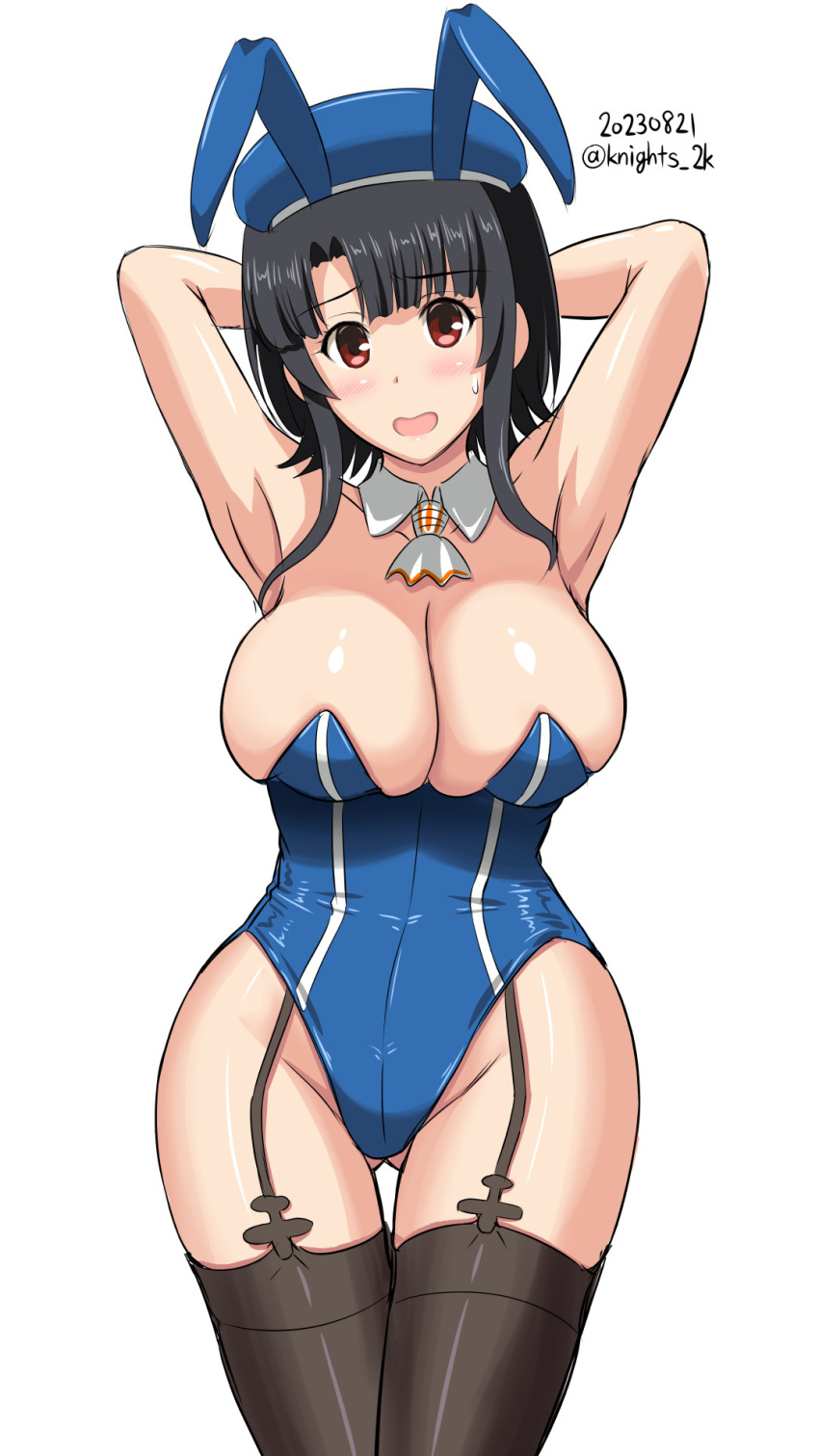 1girl adapted_costume ass_visible_through_thighs beret black_hair blue_leotard blush breasts embarrassed garter_straps hat highres kantai_collection kishi_nisen large_breasts leotard looking_at_viewer open_mouth playboy_bunny red_eyes short_hair simple_background solo sweatdrop takao_(kancolle) thighhighs twitter_username white_background
