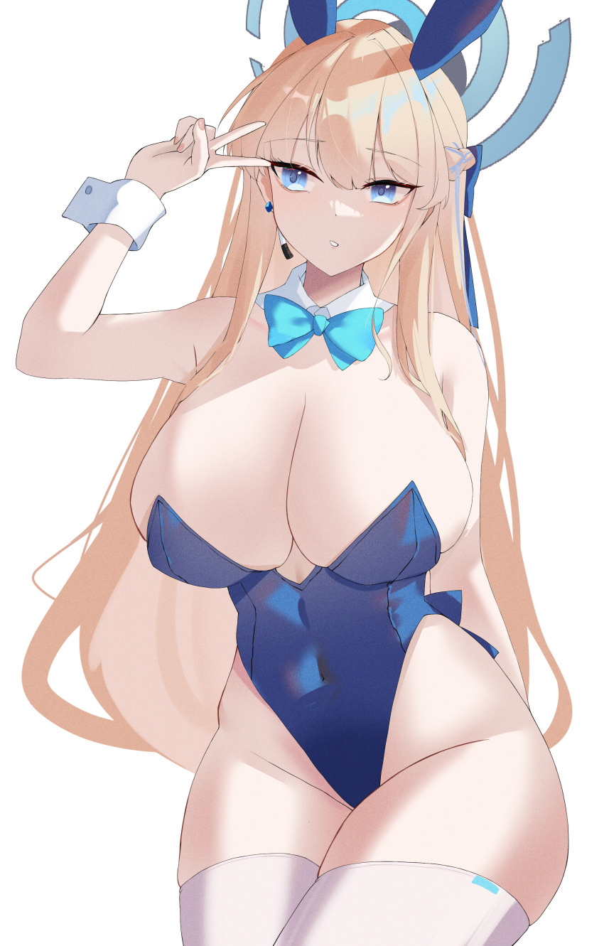 1girl absurdres animal_ears bare_shoulders blonde_hair blue_archive blue_eyes blue_leotard blush breasts cleavage detached_collar earpiece fake_animal_ears hair_ribbon halo highleg highleg_leotard highres large_breasts leotard long_hair looking_to_the_side musicatopos official_alternate_costume playboy_bunny rabbit_ears ribbon solo thighhighs thighs toki_(blue_archive) toki_(bunny)_(blue_archive) v very_long_hair white_thighhighs wrist_cuffs