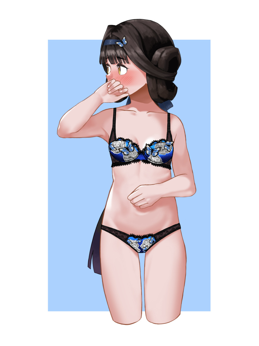 1girl absurdres black_bra black_hair black_panties blue_background blue_hairband blush bra breasts brown_eyes cowboy_shot cropped_legs embroidered_bra embroidered_panties girls'_frontline hairband hand_to_own_mouth highres lace-trimmed_bra lace_trim long_hair looking_to_the_side o_o_(ywsm2327) panties qbu-88_(girls'_frontline) small_breasts solo standing underwear underwear_only very_long_hair