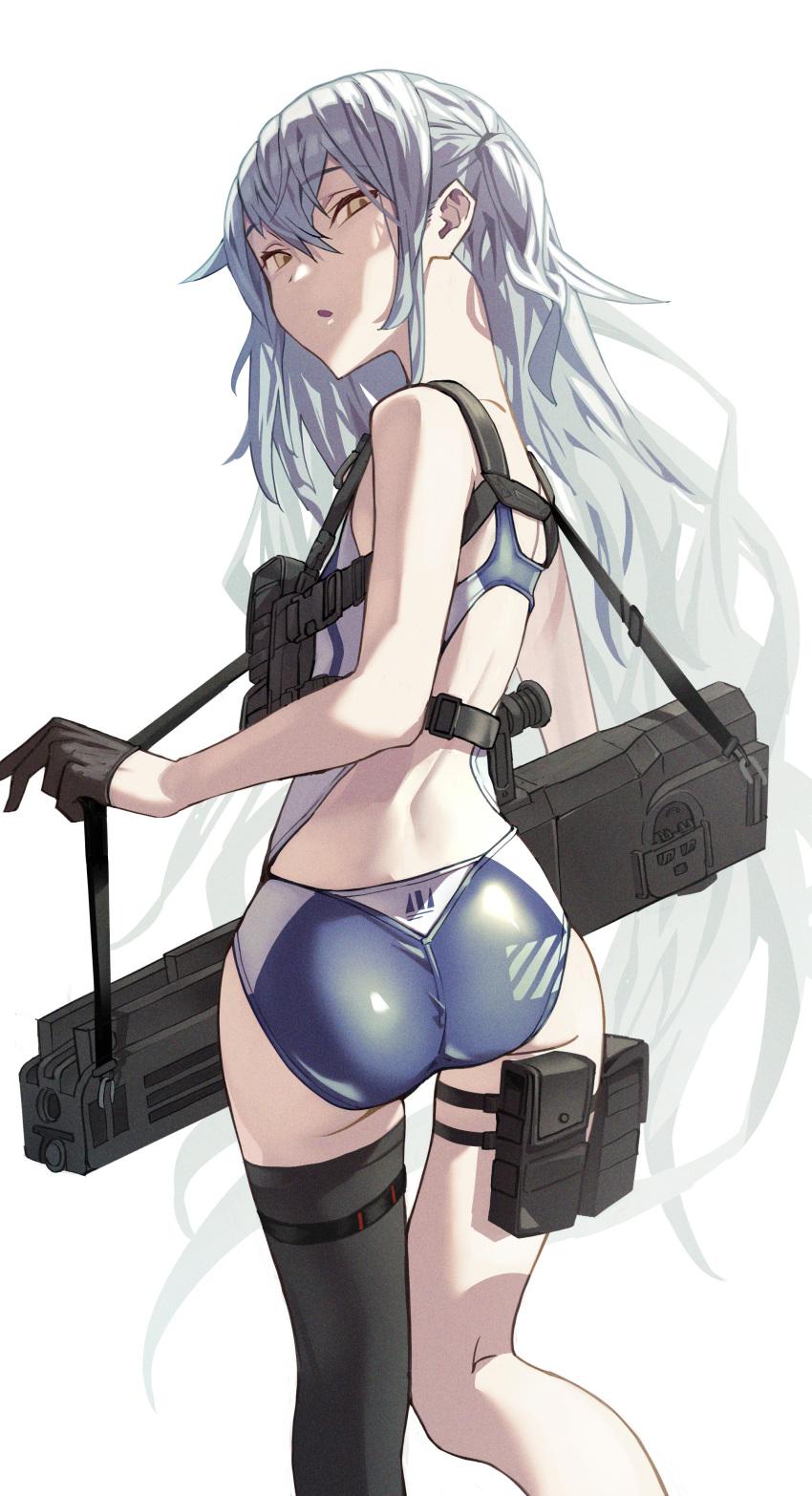 1girl absurdres assault_rifle backless_swimsuit black_gloves black_thighhighs blue_one-piece_swimsuit breasts brown_eyes chest_harness commentary competition_swimsuit from_behind fujita_(condor) g11_(girls'_frontline) girls'_frontline gloves grey_hair gun h&amp;k_g11 half_gloves harness highres long_hair looking_at_viewer looking_back one-piece_swimsuit open_mouth rifle simple_background single_thighhigh small_breasts solo swimsuit thigh_pouch thigh_strap thighhighs two-tone_swimsuit very_long_hair weapon white_background white_one-piece_swimsuit