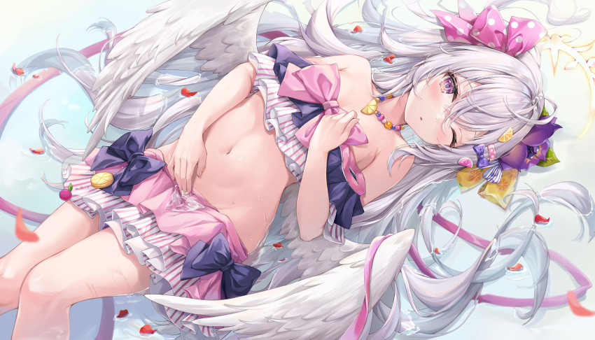 1girl absurdres azusa_(blue_archive) azusa_(swimsuit)_(blue_archive) beads bikini blue_archive falling_petals feathered_wings food-themed_hair_ornament frilled_bikini frills grey_hair hair_between_eyes hair_ornament halo highres jewelry low_wings multicolored_bikini multicolored_clothes necklace one_eye_closed orange_hair_ornament partially_submerged petals petals_on_liquid ribbon-trimmed_swimsuit ribbon_trim solo strapless strapless_bikini swimsuit white_hair white_wings wing_bow wings zi_yue_liuli