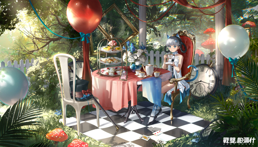 1girl animal_ears argyle_socks balloon black_hair blue_eyes bombinata_(punishing:_gray_raven) braid cane card cat_ears cat_girl cat_tail checkered_floor cup day doll_joints fence flower food hat highres holding holding_cup holding_saucer joints looking_at_viewer mechanical_arms mechanical_legs mechanical_parts medium_hair multicolored_hair mushroom outdoors picture_frame playing_card punishing:_gray_raven saucer scenery sitting solo table tail teacup top_hat vase white_hair wooden_fence zeklewa