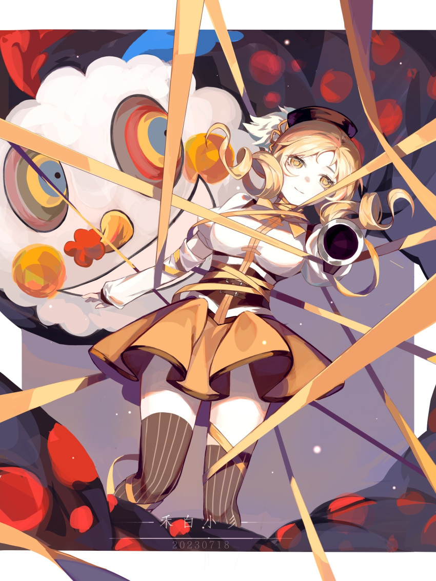 1girl absurdres aiming aiming_at_viewer beret black_headwear blonde_hair border bound brown_thighhighs charlotte_(madoka_magica) chinese_commentary commentary_request corset curly_hair dated drill_hair entangled feet_out_of_frame grin gun hat highres holding holding_gun holding_weapon juliet_sleeves long_sleeves looking_at_viewer magical_girl mahou_shoujo_madoka_magica mahou_shoujo_madoka_magica_(anime) medium_hair neck_ribbon orange_skirt outside_border outstretched_arm puffy_sleeves purple_background ribbon shirt skirt smile solo standing striped striped_thighhighs thighhighs tied_up_(nonsexual) tomoe_mami twin_drills weapon white_border white_shirt witch_(madoka_magica) yellow_eyes yellow_ribbon yimu445448