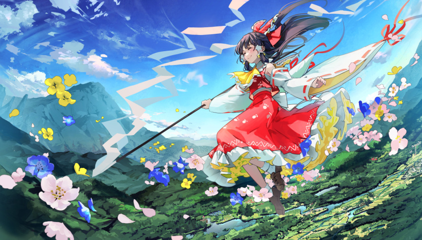 1girl ^_^ ascot bare_shoulders black_hair blue_flower bow brown_footwear cherry_blossoms closed_eyes closed_mouth day detached_sleeves flower frilled_skirt frills full_body gohei hair_bow hakurei_reimu holding holding_gohei japanese_clothes landscape long_hair mountain nemophila_(flower) nontraditional_miko outdoors petals pink_flower red_bow red_skirt ribbon-trimmed_sleeves ribbon_trim scenery shoes skirt sky smile socks solo syuri22 touhou white_sleeves white_socks wide_sleeves yellow_ascot yellow_flower