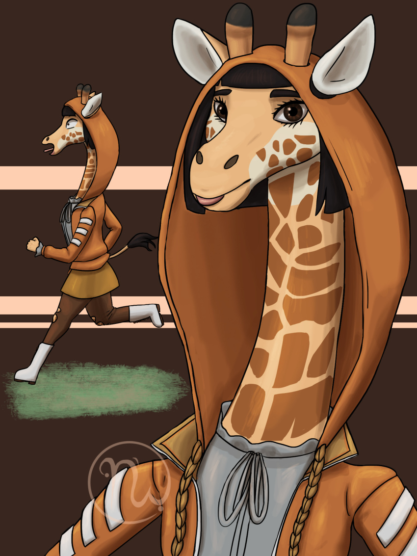 2021 3:4 5_fingers anthro anthrofied artist_logo black_hair boots bottomwear brown_body brown_clothing brown_eyes brown_fur brown_legwear clothed clothing dead_by_daylight digital_drawing_(artwork) digital_media_(artwork) eyebrows eyelashes female feng_min fingers fist footwear fur giraffe giraffid grey_clothing grey_shirt grey_topwear hair hi_res hood hoodie horn leggings legwear lips logo long_neck looking_at_viewer mammal multicolored_body multicolored_clothing multicolored_fur open_clothing open_hoodie open_topwear orange_clothing orange_hoodie orange_topwear ossicone pink_tongue running screaming shirt short_hair simple_background skirt skywater solo spots spotted_body spotted_fur string tail tail_tuft thick_bottom_lip tongue topwear tuft white_boots white_clothing white_footwear yellow_body yellow_bottomwear yellow_clothing yellow_fur yellow_skirt zipper