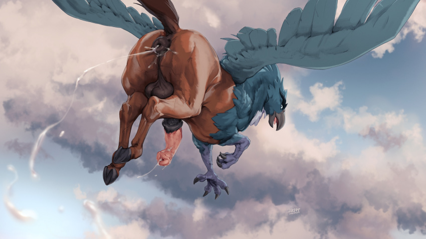 2023 animal_genitalia animal_penis anus avian avian_feet balls beak big_anus big_penis black_beak bodily_fluids butt claws cloud cum cum_in_ass cum_inside cum_on_anus cum_on_butt cum_on_penis digital_media_(artwork) equine_genitalia equine_penis erection european_mythology feathered_wings feathers feet feral flying genital_fluids genitals greek_mythology hi_res hippogriff laser_(artist) male medial_ring mythological_avian mythology penis pluvian puffy_anus quadruped solo toe_claws toes wings