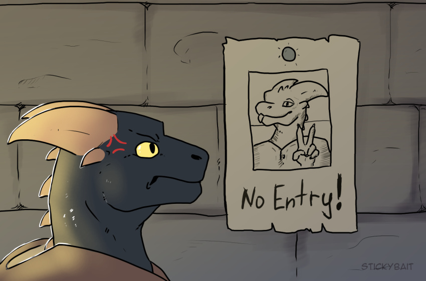 angry annoyed anthro black_body black_scales horn kobold male portrait poster scales scalie solo stickybait tavern wall_(structure) yellow_eyes