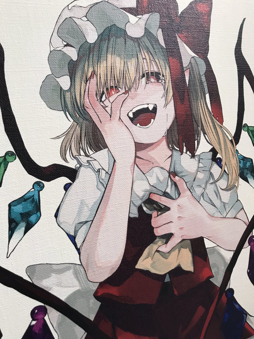 1girl ascot blonde_hair bow collared_shirt cowboy_shot crying crying_with_eyes_open crystal fangs flandre_scarlet frilled_shirt_collar frills hair_between_eyes hand_on_own_face hands_on_own_chest hat hat_bow hat_ribbon highres medium_hair mob_cap multicolored_wings nail_polish niseneko_(mofumofu_ga_ienai) one_side_up open_mouth puffy_short_sleeves puffy_sleeves red_bow red_eyes red_nails red_ribbon red_skirt red_vest ribbon shirt short_sleeves simple_background skirt skirt_set solo tears teeth touhou vest white_background white_headwear white_shirt wings yellow_ascot