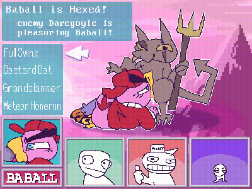 animated anthro avian baball baseball_cap bird bottomless butt clothed clothing demon erection feathers fellatio gameplay_mechanics genitals group hat headgear headwear male male/male oral penile penis pink_body pink_feathers pitchfork salamikii sex tools