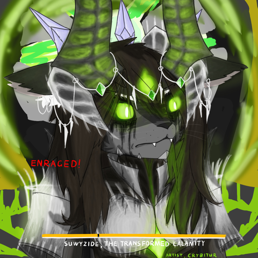 alien angry anthro armor black_hair black_tears bodily_fluids bone canid canine canis clothed clothing crota_(destiny) crown crybitur crying crystal destiny_(video_game) destiny_2 enraged felid female fur gameplay_mechanics gem green_eyes green_gem green_hair green_horn grey_body grey_fur hair headgear hi_res hive_(destiny) horn hybrid long_hair mammal mouth_closed multi_eye solo summoning suwyzid tears teeth text white_body white_fur wolf