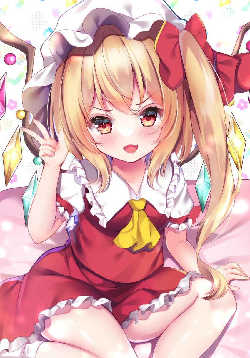 1girl ascot blonde_hair crystal fang flandre_scarlet frills hat hat_ribbon highres mob_cap multicolored_wings one_side_up red_eyes red_skirt red_vest ribbon shirotsuki_shirone skin_fang skirt skirt_set touhou vest wings yellow_ascot