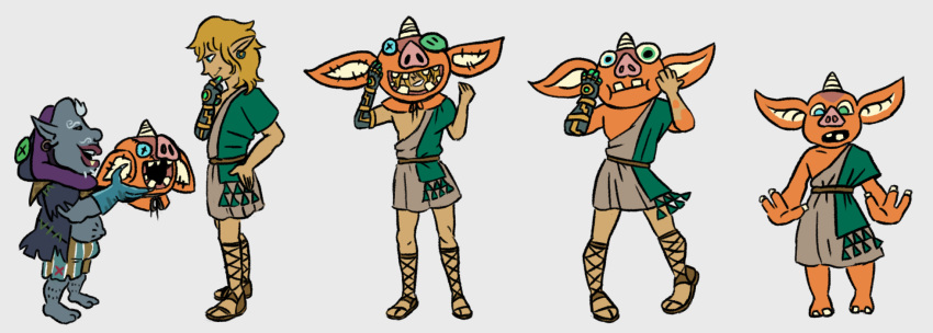blin_(tloz) blonde_hair bokoblin clothed clothing duo grey_body grey_skin hair heterochromia hi_res humanoid humanoid_to_anthro hylian kilton light_body light_skin link male mask_transformation nintendo red_body red_skin simple_background species_transformation tears_of_the_kingdom the_legend_of_zelda transformation transformation_sequence vivisexxion white_background