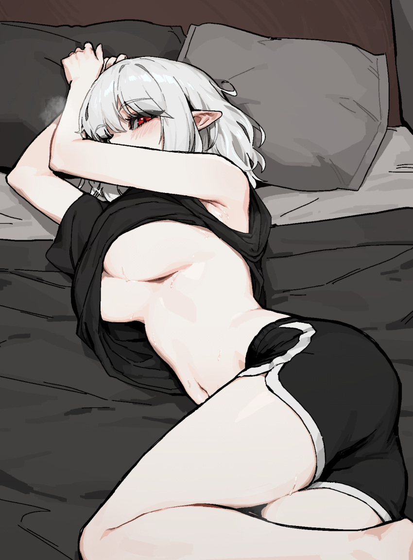1girl armpit_peek ass bed_sheet black_shorts blush breasts cleavage clothes_lift commentary dolphin_shorts gogalking grey_hair highres looking_at_viewer lying navel on_bed on_side original pillow pointy_ears red_eyes shirt shirt_lift short_hair short_shorts shorts single_bare_arm solo stomach underboob vampire vampire's_sister_(gogalking) white_shirt