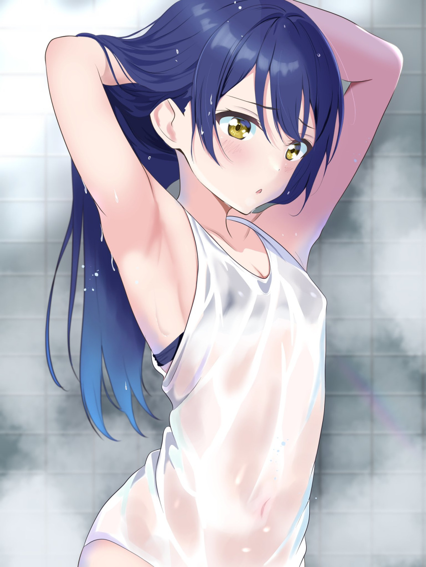 1girl armpits arms_up bikini bikini_under_clothes blue_hair blush borgbutler bra_visible_through_clothes breasts covered_navel highres indoors long_hair looking_down love_live! medium_breasts no_panties open_mouth see-through shirt sleeveless sleeveless_shirt solo sonoda_umi swimsuit wet wet_clothes wet_shirt yellow_eyes