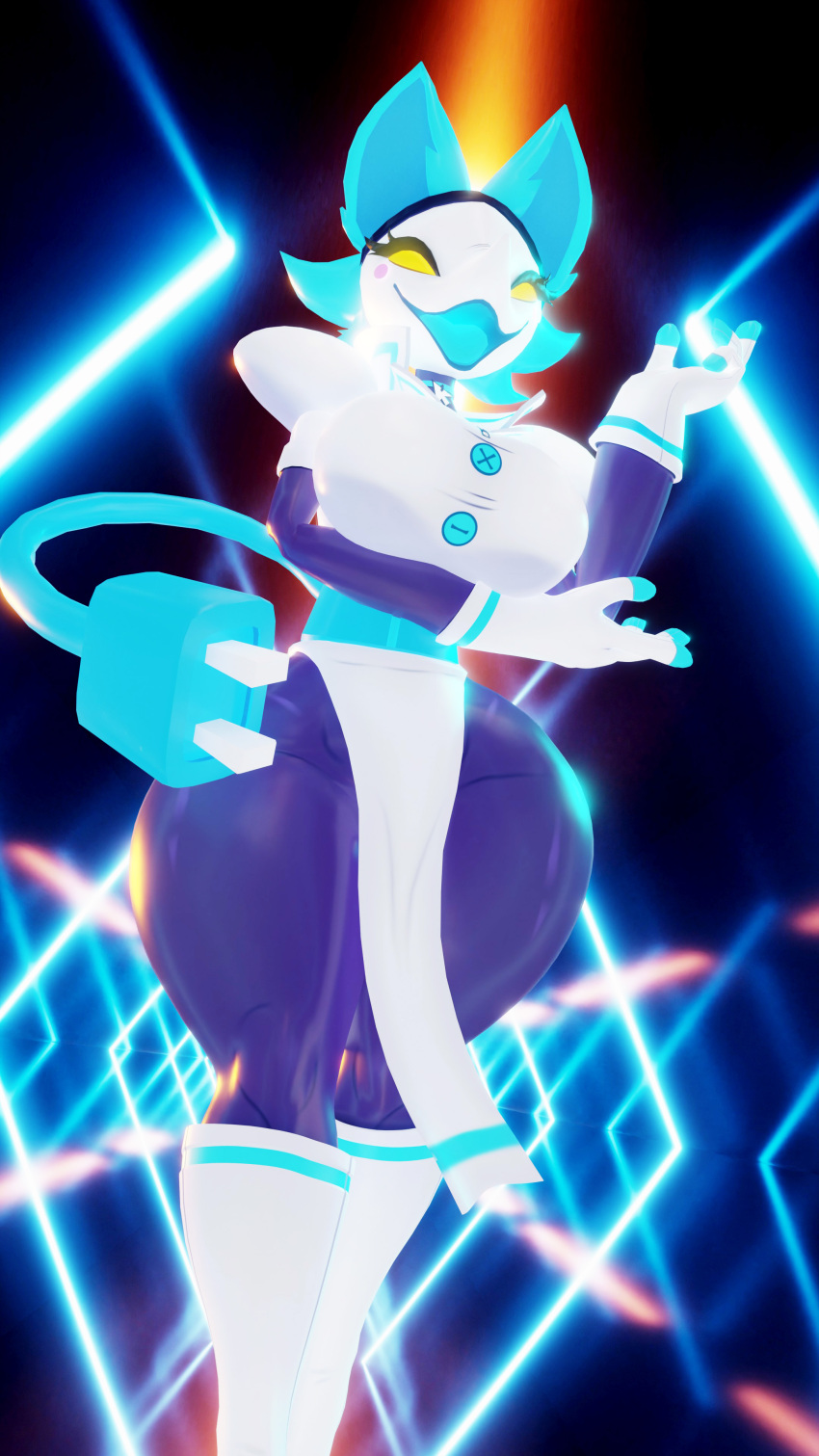 3d_(artwork) abstract_background absurd_res anthro arm_under_breasts big_breasts biped blender_(software) blender_cycles blue_body blue_fur bottomwear breasts cable_tail clothed clothing deltarune digital_media_(artwork) domestic_cat felid feline felis female fever-dreamer fur gloves glowing handwear hi_res high_collar holding_elbow jacket loincloth looking_at_viewer machine mammal no_pupils open_mouth robot skirt smile smiling_at_viewer solo tail tasque_(cryptiacurves) tasque_manager thick_thighs tongue tongue_out topwear undertale undertale_(series)