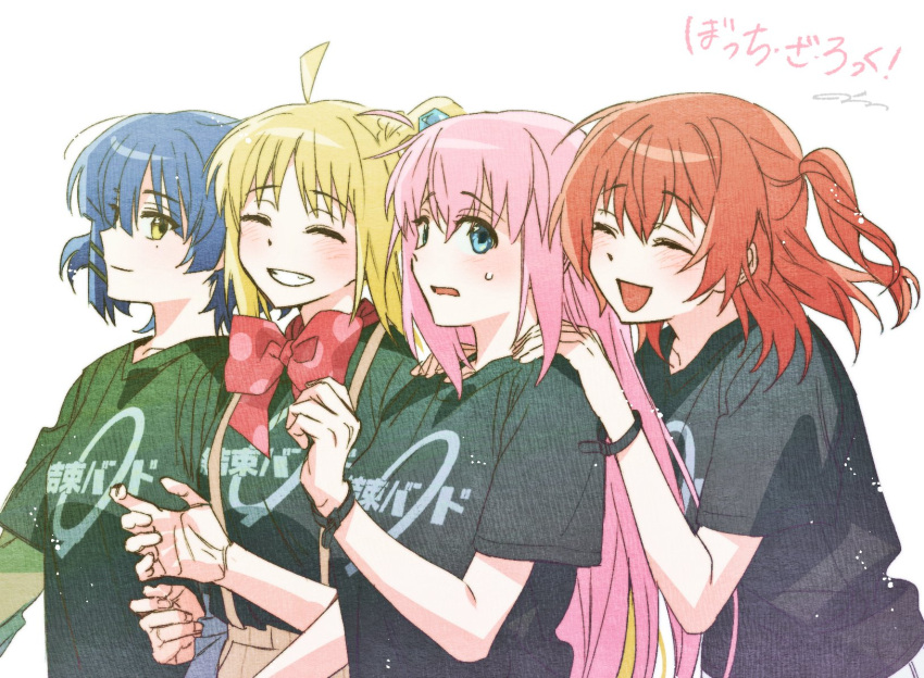 4girls :d ^_^ ahoge bim0ngsam0ng black_shirt blonde_hair blue_eyes blue_hair blush bocchi_the_rock! bow bowtie bracelet brown_pants closed_eyes closed_mouth commentary_request copyright_name facing_viewer gotoh_hitori hair_between_eyes hand_on_another's_shoulder highres ijichi_nijika jewelry kita_ikuyo korean_commentary long_hair looking_at_another looking_back mole mole_under_eye multiple_girls nervous one_side_up open_mouth pants pink_hair polka_dot polka_dot_bow red_bow red_bowtie red_hair shirt short_hair short_sleeves side_ponytail signature simple_background smile suspenders t-shirt teeth upper_body white_background yamada_ryo yellow_eyes