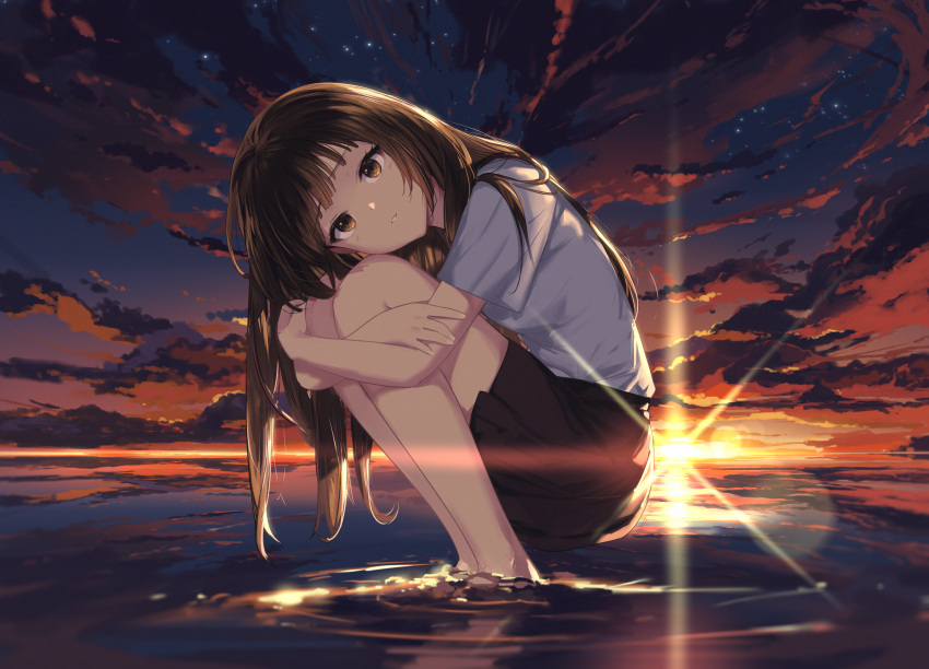 1girl arttsam blue_sky brown_eyes brown_hair cloud gradient_sky highres hugging_own_legs long_hair looking_at_viewer original outdoors parted_lips pleated_skirt scenery shirt shirt_tucked_in skirt sky soaking_feet solo squatting star_(sky) starry_sky sun sunset water white_shirt