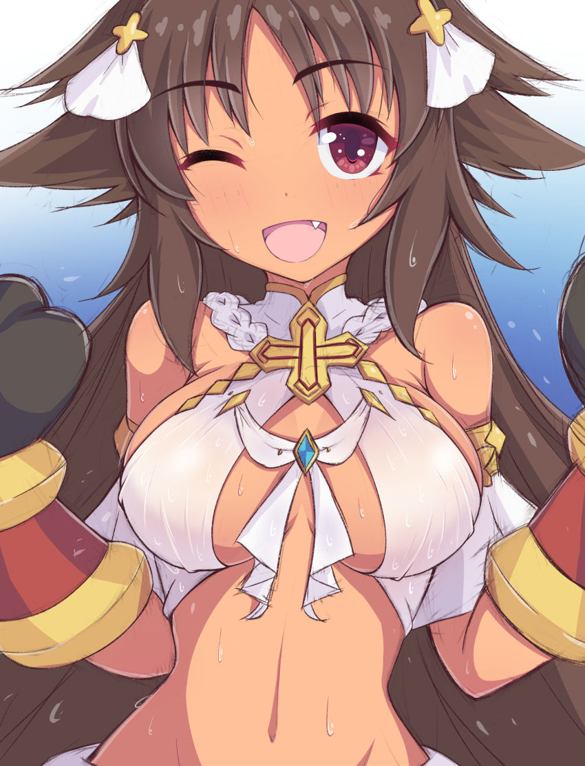 absurdres artist_request breasts brown_hair cosplay dark_skin fang hair_flaps highres kaori_(princess_connect!) large_breasts long_hair navel one_eye_closed princess_connect! red_eyes smile tan very_long_hair yui_(ceremonial)_(princess_connect!) yui_(princess_connect!) yui_(princess_connect!)_(cosplay)
