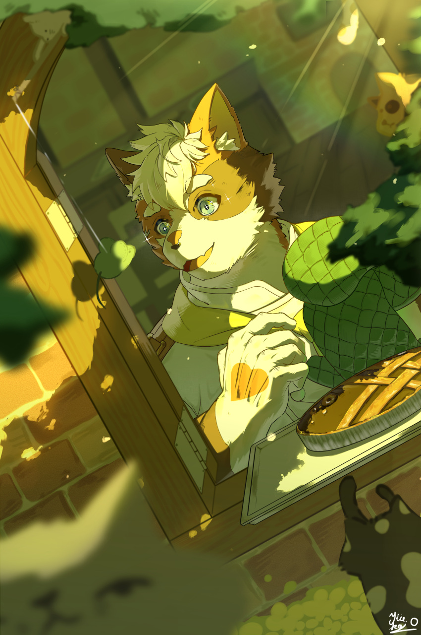 absurdres brick_wall calico cat cat_boy chef crave_saga food furry furry_male highres kiekoio kitchen male_focus md5_mismatch oven_mitts pie toy_mouse