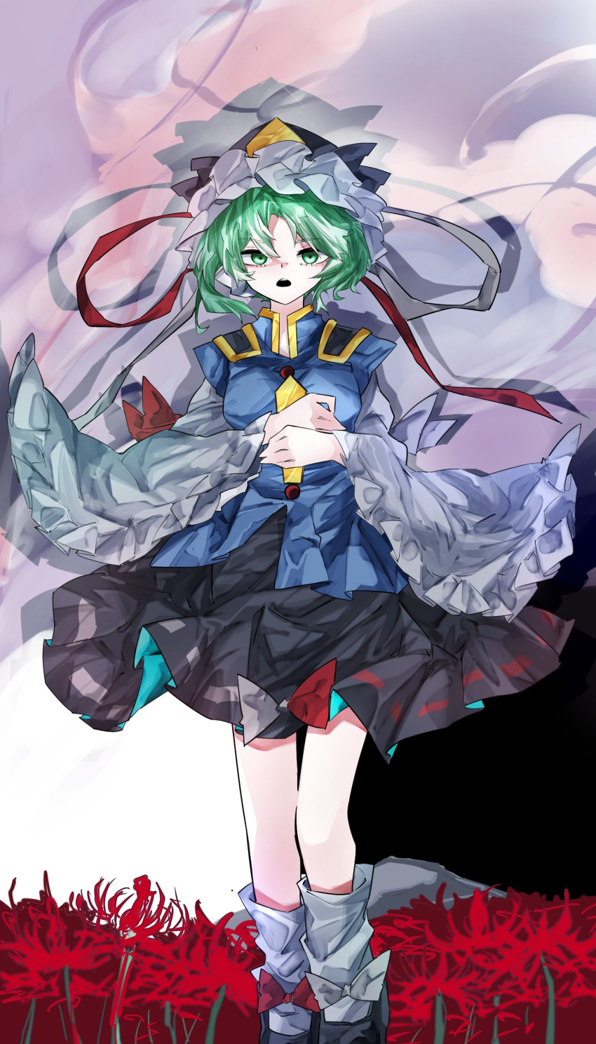 absurdres alt_text black_footwear black_skirt blue_vest commentary epaulettes flower frilled_hat frills full_body green_eyes green_hair hat highres holding long_sleeves looking_at_viewer open_mouth red_flower ribbon-trimmed_skirt ribbon_trim rod_of_remorse shiki_eiki short_hair skirt socks spider_lily standing touhou vest vivo_(vivo_sun_0222) white_socks wide_sleeves