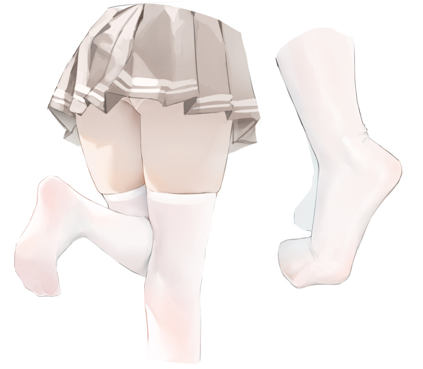 1girl absurdres cropped_torso grey_skirt highres korean_commentary lower_body original panties pantyshot pleated_skirt simple_background skirt socks solo standing standing_on_one_leg thighhighs tiptoes underwear white_background white_panties white_thighhighs yonchan
